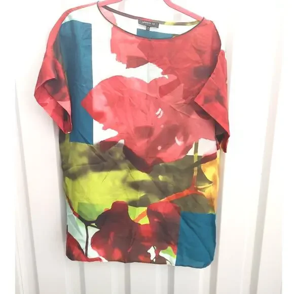 Lafayette 148 Blouse Top 100% Silk Short Sleeve Oversized Medium Multicolor